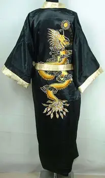 Aukso dvipuse Siuvinėjimo Dragon Vyrų Ilgas Chalatas, Kinijos Vyrų Šilko Satino Vyrų Dragon Kimono Skraiste Suknelė Grįžtamasis Chalatas