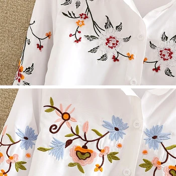 Baltos spalvos Marškinėliai Moterims ilgomis Rankovėmis Mados Siuvinėjimo Gėlių Elegantiškas Viršūnes 2021 M. Pavasario ir Vasaros Naują Atvykimo Blusas Mujer Mori Mergina