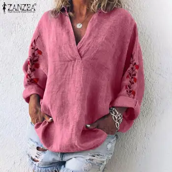 Moterų V-Kaklo, ilgomis Rankovėmis Palaidinė Gėlių Siuvinėjimas Viršūnes ZANZEA Rudenį Medvilnės Skalbiniai, Marškiniai Femme Skraiste Darbo Blusas Chemise Mujer 7