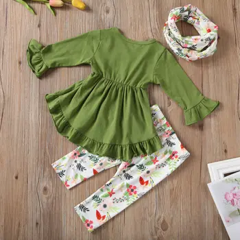 1-5Y Gėlių Bamblys Vaikams Baby Girl Cltohing Nustatyti Raukiniai ilgomis Rankovėmis marškinėliai Tunika + Antblauzdžiai Kelnės +Šalikas Komplektus, Rudenį, Pavasarį