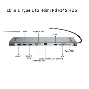 10 1 Daugiafunkcį HUB 4K USB Tipas-C su USB 3.0 TF HDMI, VGA, RJ45 Aliuminio Lydinio, Mini DP Docking Station Nešiojamas