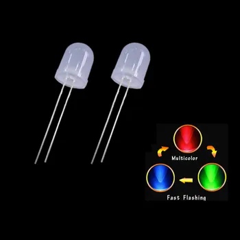 100vnt 10mm Greitai Mirksi LED Diodų Blykstė RGB Spalvų Apvalių Šviesos Diodų Keitimas Mirksi Skaidrus Įvairiaspalvis Mirgėjimo