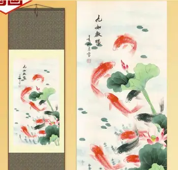 1pc Kinų Šilko Pažymėkite Tapybos Gongbi Koi Karpių Žuvų Lotus Namų Puošybai S006
