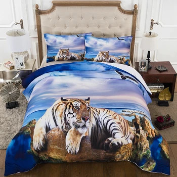 2/3PCS Guli Tigras LioneComforter Patalynės Komplektai Paplūdimio tigras Antklode Padengti Nustatyti, Mėlyna Lova Padengti 3D, Antklodės, Patalyne, Karalienė, Karalius