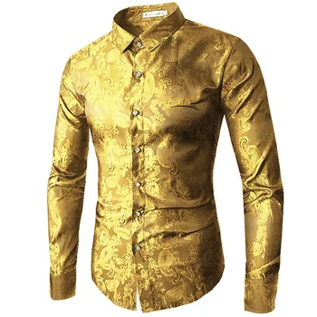 2018 Aukštos kokybės Raudonojo Aukso, Violetinės Mėlynos spalvos vyriški siuvinėjimo suknelė marškinėliai Mados Slim Vestuves Reikalas Vyrų Ilgas Rankovėmis Marškinėliai