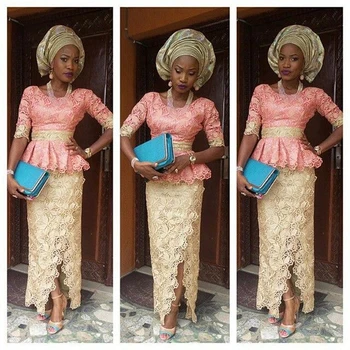 2019 Aso Ebi Stiliaus Prom Dresses Du Gabalus Pusės Split Pusė Rankovės Nėrinių Pynimas Nigerijos Vakare Chalatai Undinė Afrikos Oficialią Dėvėti