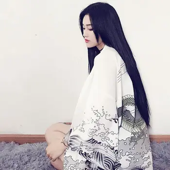 2019 Derliaus Japonijos Moterų Megztinis Vasaros Dragon Bangos Atspausdintas Šifono Apsaugos Nuo Saulės Japonų Kimono Marškinėliai, Viršutiniai Drabužiai