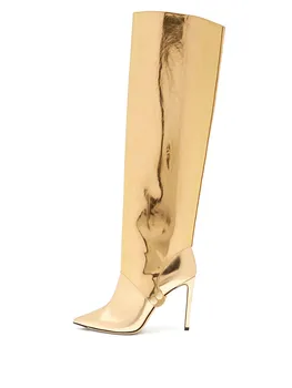 2019 Naujausia įžymybė batai moterų mados kilimo ir tūpimo tako gold veidrodėliai odinis kelio ilgi batai du būdai, kaip dėvėti aukšti kulniukai botas mujer