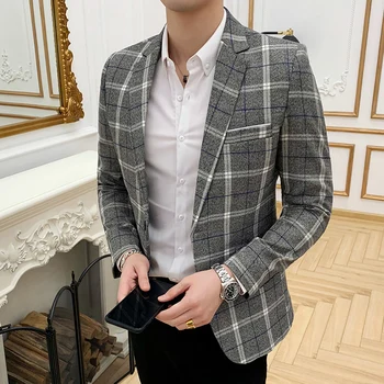 2019 m. pavasarį klasikinis pledas vyrų Švarkas Britų Slim verslo laisvalaikio kostiumas striukė mados vyriški vieną sagtį vestuvių striukė M-3XL