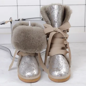 2020 Aukščiausios Kokybės Moterys Sniego batai Tikras Avikailis Odos Nėrinių auliniai batai Natūralus Kailis Šiltas Vilnos Žiemos Moterų Batai