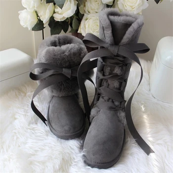 2020 Aukščiausios Kokybės Moterys Sniego batai Tikras Avikailis Odos Nėrinių auliniai batai Natūralus Kailis Šiltas Vilnos Žiemos Moterų Batai
