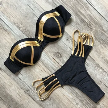 2020 Juoda Bandeau Bikini Komplektas Push Up Moterų Aukso Štampavimo maudymosi Kostiumėliai, Biquini Sexy Thong Stebėjimo maudymosi kostiumėlį, Maudymosi Kostiumas XL