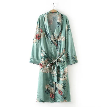 2020 M. Moteris Naujų Senovinių Gėlių Spausdinti Ilgomis Rankovėmis Ilgai Dizaino Kimono Megztinis Maxi Skara Viršūnių, Su Diržu, Retro Palto, Žalia