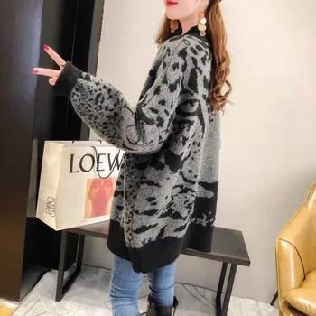 2020 M., Nauja Rudens Žiemos Megzti Leopard Megztiniai Moterims Korėjos Storio Panelled Leopard Cardigan Kailis Purus Dryžuotas Outwear Viršūnės