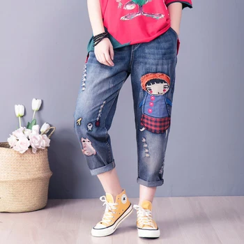 2020 M. Pavasarį Naujas Meno Stilius, Moterys Elastinga Juosmens Laisvi Džinsai Vintage Siuvinėjimo Animacinių Filmų Kratinys Džinsinio Haremas Pants Plus Size S620