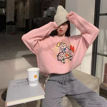 2020 M. Rudenį Harajuku Negabaritinių Megztinis Ėriukų Powerpuff Moterų, Mergaičių Siuvinėjimo Streetwear Korėjos Megztiniai Puloveriai Žiemos Kawaii