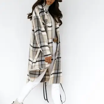 2020 M. Žiemos Moterys Patikrinti Striukė Atsitiktinis Negabaritinių Pasukite Žemyn Apykaklės Ilgas Kailis Moterų Storas Šiltas Vilnonis Mišiniai Paltas Streetwear