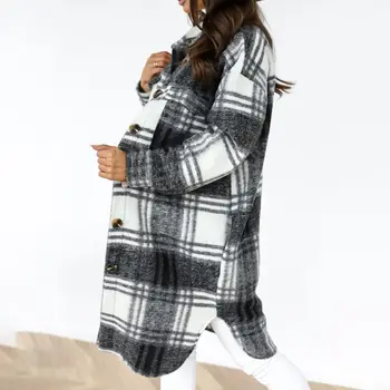 2020 M. Žiemos Patikrinta Moterų Striukė Išjunk Paltas Šiltas Pledas Ilgas Kailis Negabaritinių Storas Vilnonis Mišiniai Moterų Streetwear