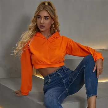 2020 M. Žiemos Streetwear Ilgomis Rankovėmis Su Gobtuvu Hoodies Moterų Mados Atsitiktinis Apkarpytos Puloveriai Viršūnes Neon Orange Moterų Storio Hoodies