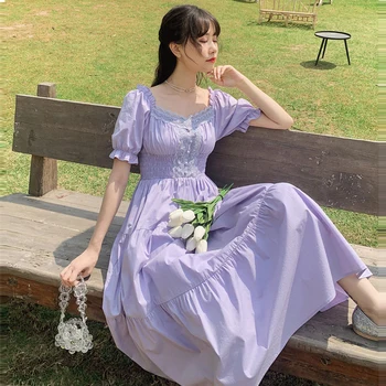 2020 Metų Vasaros Naują Purple Elegantiškas Nėrinių Maxi Suknelė Vintage Aikštėje Apykaklės Moterų Franch Suknelė Atsitiktinis Atostogų Lady Vestidos