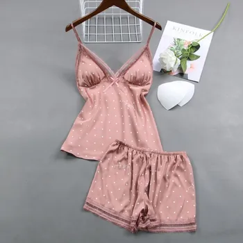 2020 Moterų Pižama Rinkiniai su Sexy Šortai Satino Gėlių Spausdinti Vasaros Pyjama Nightsuits Pižama Moterims, kurių Krūtinės Mygtukai