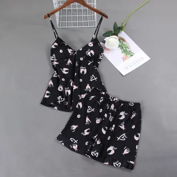 2020 Moterų Pižama Rinkiniai su Sexy Šortai Satino Gėlių Spausdinti Vasaros Pyjama Nightsuits Pižama Moterims, kurių Krūtinės Mygtukai