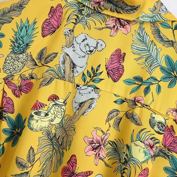 2020 NAUJĄ Pavasario Moterys 2 vienetų Komplektas geltona spausdinimo trumpas Rankovės turn-žemyn apykaklės marškinėliai šortai Kostiumas moterų mados drabužius