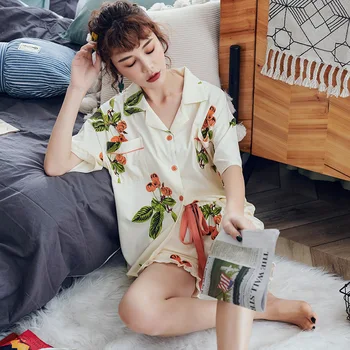 2020 Nauja Pižama Rinkiniai Moterims Vasaros trumpomis Rankovėmis Plonas Spausdinti Kišenėje Mielas Sleepwear Plius Dydis Pijamas Mujer Laisvalaikio Lady Pajama