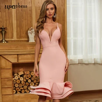 2020 Naujas Vasaros Moterų Tvarstis Suknelė Seksualus Spageti Diržas V-Kaklo Bodycon Midi Suknelė Įžymybė kilimo ir tūpimo Tako Klubo Šalis Suknelė Vestidos
