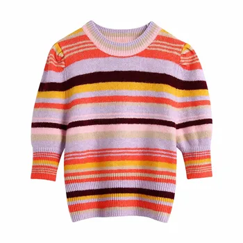 2020 Za Dryžuotas Megztiniai Megztinis Moterims, O Kaklas Trumpas Sluoksniuotos Rankovėmis Megzti Viršų Moteriška Mielas, Elegantiškas Rudenį Laisvalaikio Megztiniai