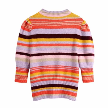 2020 Za Dryžuotas Megztiniai Megztinis Moterims, O Kaklas Trumpas Sluoksniuotos Rankovėmis Megzti Viršų Moteriška Mielas, Elegantiškas Rudenį Laisvalaikio Megztiniai