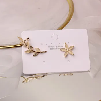 2020 korėjos naujo dizaino bižuterijos išskirtinį vario inkrustacijos cirkonis opal lapų ausies kaulų įrašą gėlių asimetrinė moterų auskarai