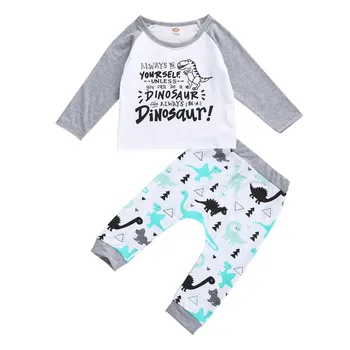 2020 m. Rudenį Bamblys Kūdikių Berniukų Drabužius 0-3Y Laiškas Spausdinti Dinozaurų Print Long Sleeve T-shirt+Animacinių filmų Kelnes 2vnt Medvilnės Komplektai