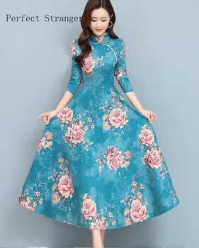 2020 m. Rudenį, Žiemą, Naują Atvykimo Aukštos Kokybės Karšto Pardavimo Cheongsam Stiliaus Stovėti Apykaklės Gėlių Spausdinti-line Moteris Ilga Suknelė