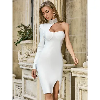 2020 m. rudenį naujų tvarstis suknelė vientisa spalva seksualus aukšto kaklo, atvira nugara slim fit klubo suknelė mados vienos rankovės ilgomis rankovėmis suknelė