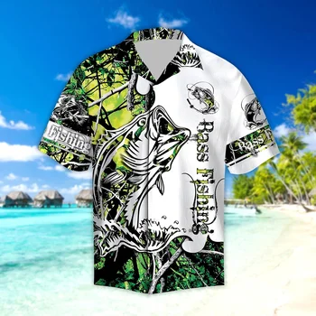 2020 metų Vasaros paplūdimio Trumpas rankovės Marškinėliai Žalia Bass Fishing 3D Atspausdintas Havajai Shirt Mens Harajuku Atsitiktinis Marškinėliai lašas laivybos