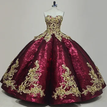 2021 Dubajus Bordo Blizgučiais Nėrinių Quinceanera Suknelės Princesė Kamuolys Suknelė Saldus 15 Suknelė Pasirinktinis Dydis