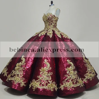 2021 Dubajus Bordo Blizgučiais Nėrinių Quinceanera Suknelės Princesė Kamuolys Suknelė Saldus 15 Suknelė Pasirinktinis Dydis