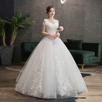 2021 Naujas Elegantiškas Valtis Kaklo Trumpomis Rankovėmis, Paprastas Vestuvių Suknelė Nėriniai Siuvinėjimo China Plius Sizebride Suknelė Vestidos De Noiva L