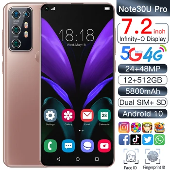 2021 Naujausias Note30U Pro 7.2 Full HD Ekranas 12 GB +512 GB Veido Atpažinimo pirštų Atspaudų Atrakinti MTK6889 10-Core Mobile Telefonas