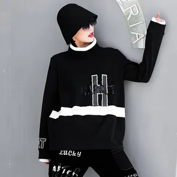 2021 Naujų Korėjos Dizaineris Žiemos Moteriškų Punk Stiliaus Tee Marškinėliai Ponios Prarasti Dryžuotas Golfo Tshirts Blizgučiai Spausdinti Drabužių Viršų