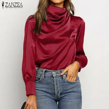 2021 ZANZEA Elegantiškas Satino Marškinėliai Moterims Pavasario Palaidinė ilgomis Rankovėmis Blusas Moterų Golfo Viršūnes Moterų Kietas Tunika Plius Dydis