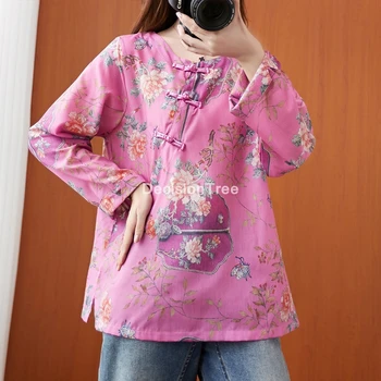 2021 hanfu viršūnes kinijos tradicinių kostiumų drabužiai moterims hanfu tango kostiumas lino kinijos palaidinė morden gėlių spausdinti marškinėliai