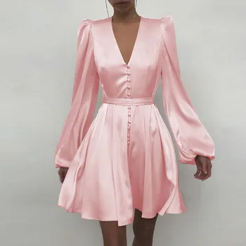 2021 m. Pavasario Gėlių Spausdinti Satino Šalis Suknelė Moterims Giliai V-kaklo, Mygtuką Mini Suknelė Rudenį Elegantiškas Sluoksniuotos Peties-Line Suknelės Diržas