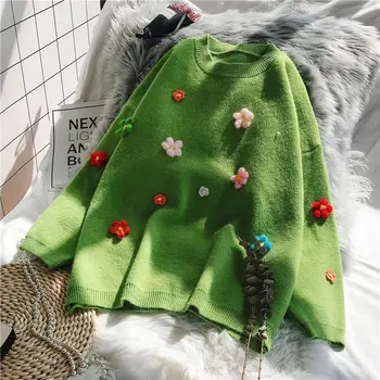2021 m. Rudenį, Žiemą Storas Šiltas Trijų dimensijų Gėlių Megztinis O Kaklo Laisvas Megztinis Mezgimo Megztinis Traukti Femme Y309