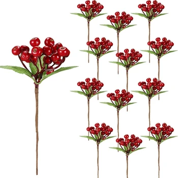 20PCS Dirbtinių Raudonųjų Uogų Šakelė Kamieninių Gėlės Netikrą Uogų Kekės Kalėdų Eglutės papuošalus ir 