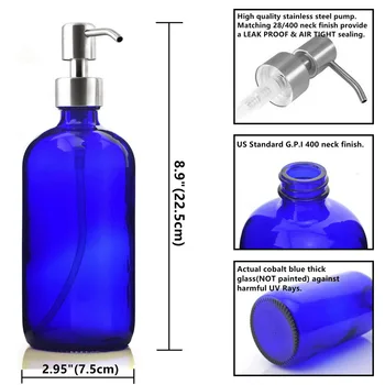 2vnt 500 ml Skysto Muilo Dozatorius Tuščias Kobalto Mėlynos spalvos Stiklo Butelis su Nerūdijančio Plieno Siurblio Ranka Sanitizer Namų Losjonai