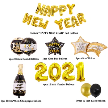 31Pcs/Set Laimingų Naujųjų Metų 2021 Balionas Aukso 16 colių Raidžių Skaičius Juoda Naujus Metus Star Šampano Butelį, Balionų Dekoracijos