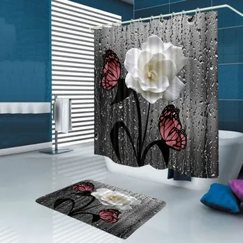 3D Drugelis Gėlių Audinys atsparus Vandeniui Dušo Užuolaidos Vonios Užuolaidos Nustatyti, Gėlių Dekoracijos, neslidžia Kilimas Tualeto Dangčio Dangtelis Vonios Kilimėlis
