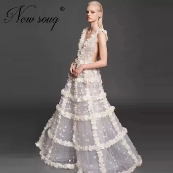 3D Gėlių Baltą vakarinę Suknelę Ilgas Šalis, Chalatai Saudo Arabija Prom Dresses Iliuzija Dubajaus Moterų Sławna Dress Artimųjų Rytų 2020 m.